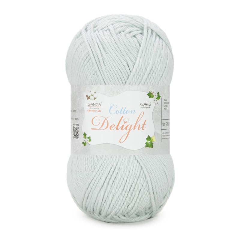 Image of Ganga Acrowools Cotton Delight, Dk Weight Cotton Yarn, Oekotex Class L Certified 100G, 169M, Pack of 1 Ball - 100gm Each, Shade No. - COD105 Ice Grey