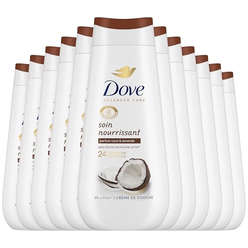 DOVE - Crème de douche Advanced Parfum Coco et Amande - Soin nourissant - Testé dermatologiquement - Sensation de peau douce pendant 24h (lot de 12x225ml)