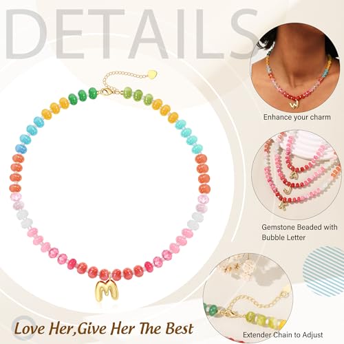 Initial Necklaces for Women, Beaded Necklaces for Women with Bubble Necklace Letter Stocking Stuffers for Teens Trendy Stuff Colorful Gemstone Choker 14k Gold Letter A-Z Pendant Summer Beach Christmas Birthday Jewelry for Her Girlfriend Sister