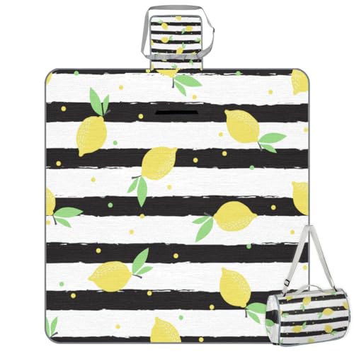 Shimoshe Picnic Blankets 57”x 59”, Striped Background Lemon Waterproof Sandproof Picnic Mat Lightweight Foldable Beach Blanket for Camping Park Grass Beach Outdoor Blanket