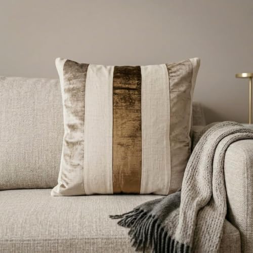The HomeCentric Striped Decorative Throw Pillow Covers 20" x 20" | Modern Velvet Cushion Cover | Patchwork Brown Pillowcases for Couch, Sofa, Bed, or Living Room - Velvet Band Choco