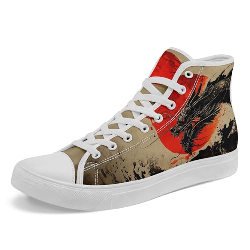 coolcustomize Zapatos altos de lona con estampado de dragón para hombre, inspirados en anime, zapatillas de moda para calle, ropa casual, ropa de moda, Negro Rojo Beige Blanco, 45 EU