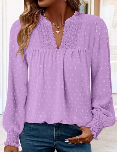 BETTE BOUTIK Women Boho Long Sleeve Shirts Dressy Casual V Neck Fall Fashion Tops Swiss Dot Flowy Blouses