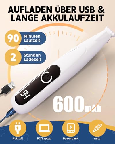 Pfotentrimmer für Hunde mit LED-Licht, 35db Leise Hundepfoten Trimmer Paw Trim Pro, 600mAh Type-C Wiederaufladbar, 18mm verbreiterte Klinge, Hundeschermaschine für Pfoten, Augen, Ohren, Gesicht