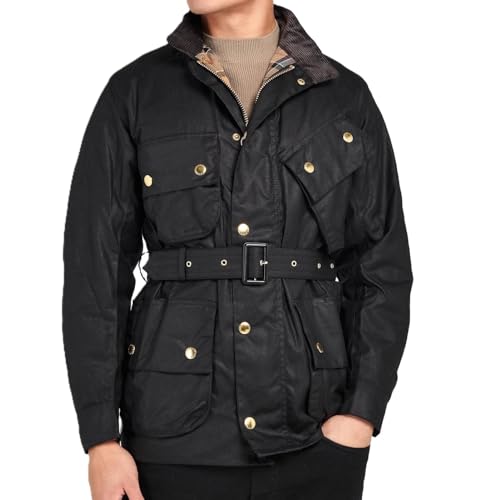 Men's Waxed Cotton Trucker Jacket - Water-Resistant Outdoor Utility Belted Coat - Outdoor Military Style Coat