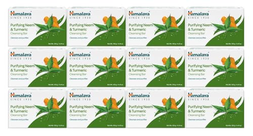 Himalaya Purifying Neem & Turmeric Cleansing Bar, Face and Body Soap for Soft and Clear Skin, 4.41 oz, 12 Pack