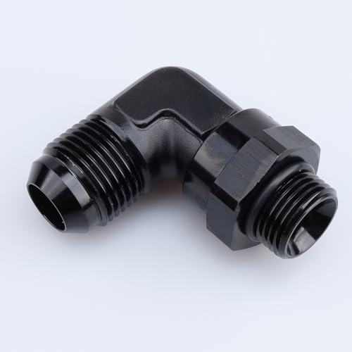 Image of AC PERFORMANCE Black Aluminum 90 Degree -10 AN Male Flare to -8 AN ORB O Ring Port Thread 3 /4 x 16 Swivel Fitting Adapter