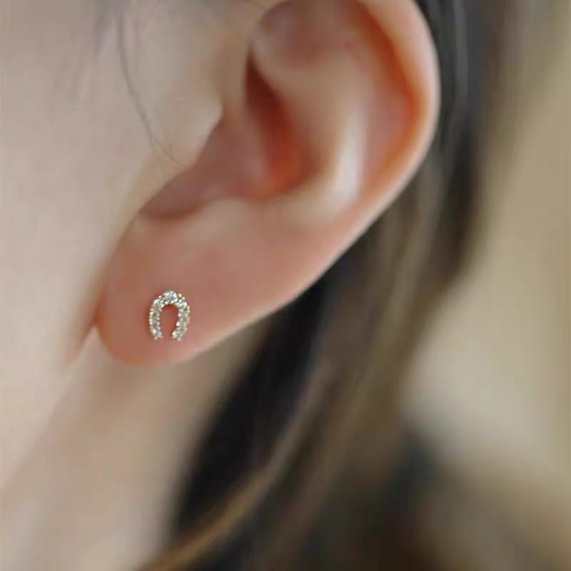 Lucky Horseshoe S925 Sterling Silver Small Stud Earrings for Women Cubic Zirconia Dainty Elegant Good Luck U Shape Hypoallergenic Tiny Mini Cartilage Earring CZ Cute Fashion Jewelry Animal Horse Lover Gifts4