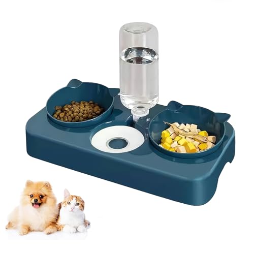 Ciotola per Gatti,3 in 1 Doppio Ciotole per Animali Domestici,Distributore Acqua Pet Feeder Automatico,per Gatti e Cani di Piccola Taglia (Blu)