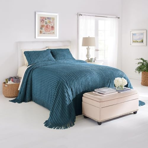Image of BrylaneHome Oversized Extra Wide Cotton Chenille Bedspread with Fringed Hems - Twin, Peacock