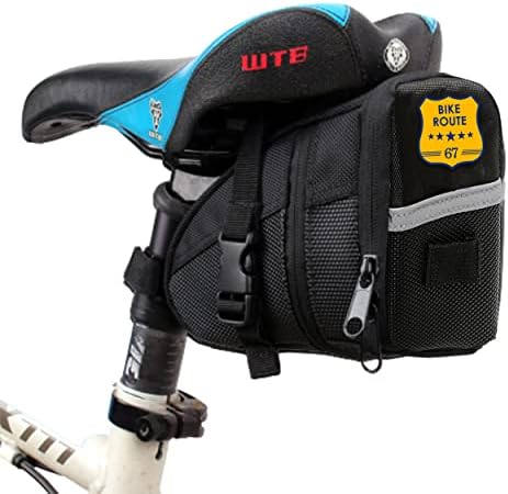 Bike Route 67 Bike Saddle Bag – Bicycle Saddle Bag to Keep Bike Accessories – Water Proof Bike Under Seat bag for Repair Tools – Quick Release Bike Pouch – Reflective Stripes for Low Light Cycling