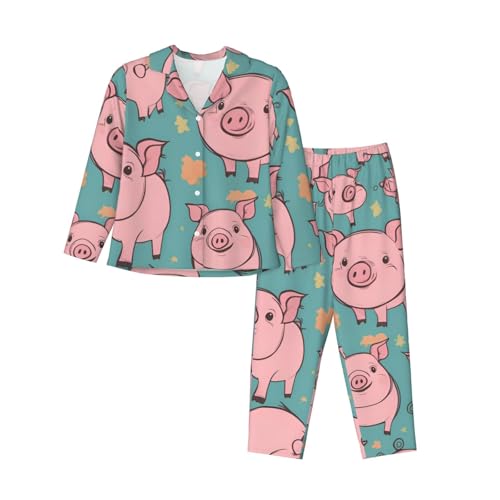 Pyjama 2 pièces manches longues femme motif cochon rose confortable