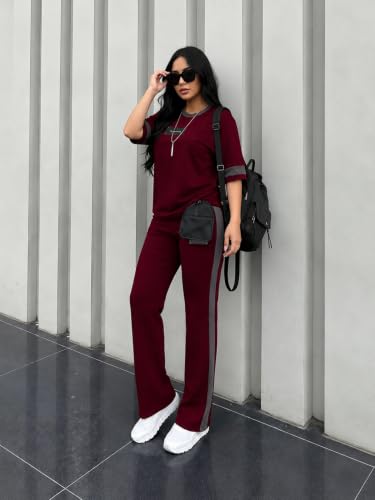 Image of Tracksuit for Women | Casual Brown Loungewear 2 Piece Set | Short Sleeve T Shirt and Wide Leg Pants with Side Stripes | Sports Jogging Co ord Matching Sweatsuit(40-N-1-4)