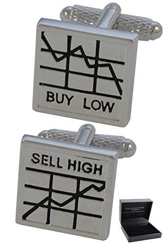 COLLAR AND CUFFS LONDON Boutons de Manchette - avec Boîte - pour Homme Couleur Argent - Buy Low, Sell High - Laiton - Couleur Argent et Noir - Carré - Agent de Change Banquier - Une Paire