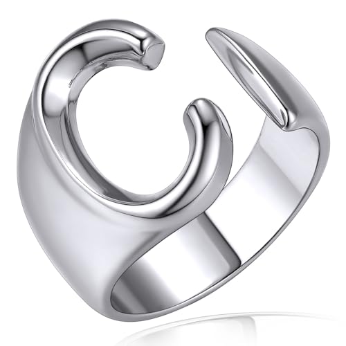 KeyStyle Silver Letter Rings for Women Alphabet Initial C Stacking Non Tarnish Dainty Rings Thumb Statement Chunky Ring Name Jewelry Gifts
