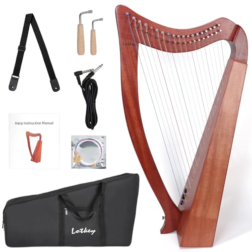 Lotkey Electric 19 Strings Mahogany Harp, Complete Accessories with Tuning Wrench,Bag,Strap,Instruction,Audio Cable & Spare Strings, Lyre Harp for Beginners & Professionals,Ideal Gift for Performers