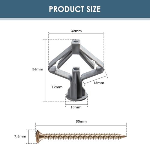 60-Pack Plasterboard Wall Plugs, Gypsum Board Fixing Anchors for Hollow Walls, Universal Heavy-Duty Drywall Anchors, Self-Expanding Gray Anchors, Anti-Rotation Expanding Plasterboard Screws
