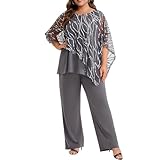 Plus Size Mother of The Bride Pant Suits 2 Piece Set Elegant Embroidered Sequins High Low Hem Wedding Guest Outfit for Women, Grey, 22