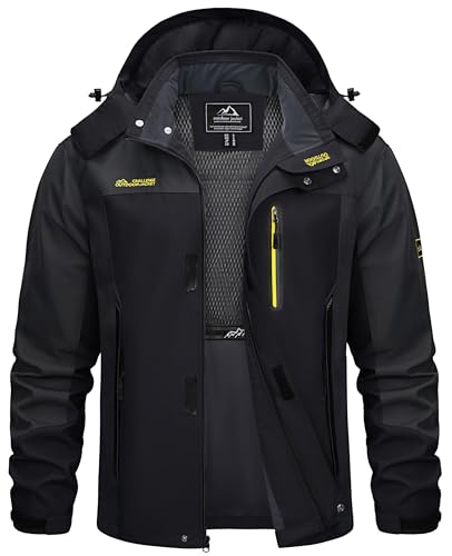 TACVASEN Outdoor Jacket Mens Waterproof Winter Jacket Sports Breathable Hiking Jacket Windproof Walking Trekking Cycling Jacket with Hood, Dark Grey, XL