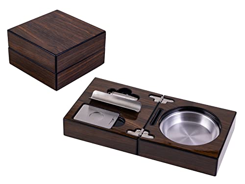 Prestige Import Group Folding Wood Cigar Ashtray Set With Guillotine Cutter, Punch Cutter, Cigar Bed And Stainless Steel Ash Reservoir - Color: Walnut #TOP1