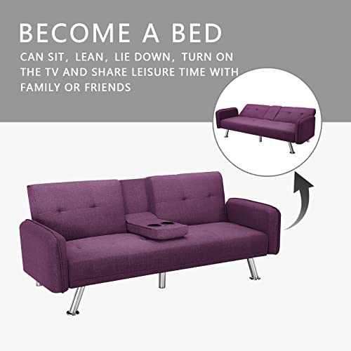 Dklgg Futon Sofa Bed Convertible Sofa Couch, Modern Loveseat Sleeper Futon Couch With 2 Cup Holders, Convertible Folding Sofa Bed Small Couch For Living Room, Bedroom, Apartment Or Dorm(Purple) #TOP3