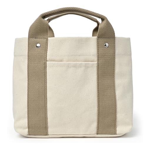 [QUARE] ミニトートバッグ レディース メンズ 帆布 ポケット多い 大容量 仕切り 人気 小さめ シンプル 布 キャンバス 鞄 (アイボリー×ベージュ)