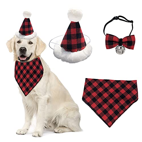 HACRAHO クリスマス犬バンダナ帽子蝶ネクタイセット, 3個 犬の三角形のハンカチサンタ帽子と蝶ネクタイの首輪 格子縞の犬の三角形の入札とシルバーベルの蝶ネクタイ 小型中型犬用猫, 赤い格子縞