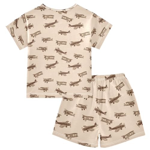 Retro Cartoon Airplane Summer Cute Pajama Sets, Short Sets for Daily Wears and Sleep Wears2