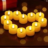 Wroxipel Pack de 12 Velas de Té a Pilas Marfil, Velas Votivas de Plástico, Velas LED sin Llama, 3,8cm x4,5cm, Autonomía 200h, Parpadeo Realista para Decoración de Mesa Hogar