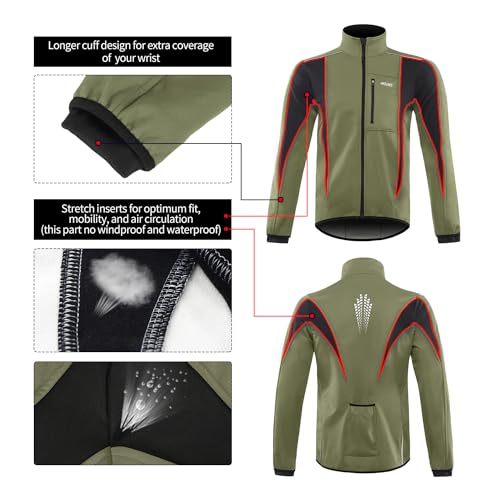 ARSUXEO Winter Warm UP Thermal Softshell Cycling Jacket Windproof Waterproof Bicycle Mountain Bike Clothes 15-K Dark Green Size XXX-Large