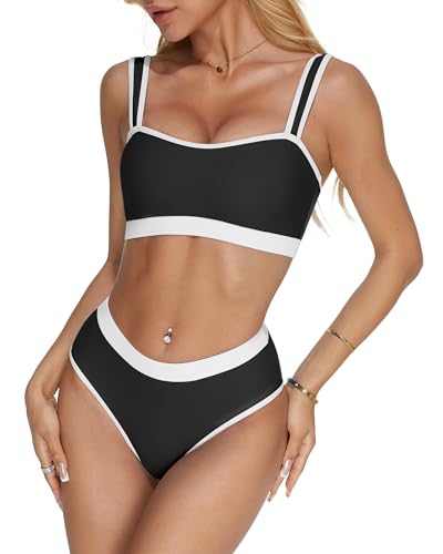 MOOSLOVER Women Bandeau High Waisted Bikini Sets Cheeky High Cut Swimsuit 2 Piece Bathing Suits