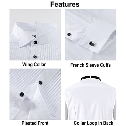 Fahizo Men's White Tuxedo Shirt Wing Collar French Cuffs With Cufflinks And Bow Tie, Black Bow Tie-Xl #TOP3