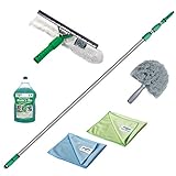 Das Set enthält alles, was für eine professionelle Glasreinigung erforderlich ist: Fensterwischer, Reinigungsmittel, Mikrofasertuch, Verlängerungsstange und eine Staubbürste