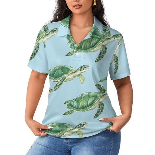 Polo transpirable de mujer con cuello clásico y diseño de tortugas de manga corta