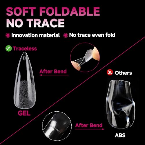 UNA GELLA Long Stiletto Nail Tips 504PCS, Full Cover Pre-Etched Long Stiletto Clear Fake Nails Tips, Sturdy Acrylic Press on Nails, No C Curve Soft Gel Tip for Nail Extension DIY Nail kit 12 Sizes