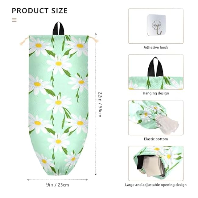 xigua White Daisies Plastic Bag Holder Wall Mount with Drawstring 2 Pack, Reusable Grocery Bag Organizer Decor for Bags, Socks, Underwear, And Neckties