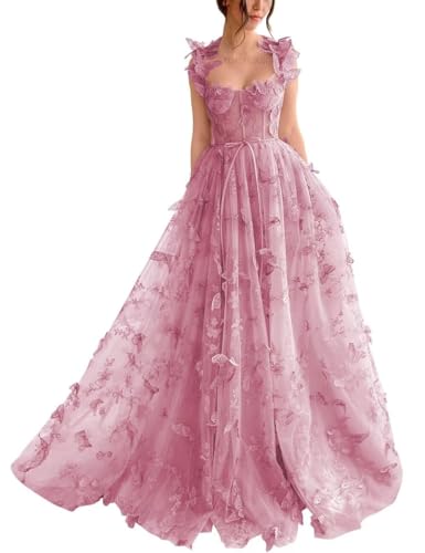 Damen-Ballkleid Aus Tüll Langes Ballkleid Mit Spitzenapplikation 3D-A-Linie Schmetterling Formelles Abend-Partykleid Mit Schlitz Dusty Pink L