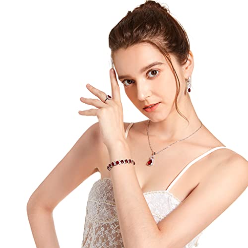 Lmxxvj Created Red Ruby July Birthstone Jewelry Set, Silver Tone Earrings Pendant Necklace Tennis Bracelet Ring Set Birthday Wedding, Bright Gift For Friends Lovers #TOP1