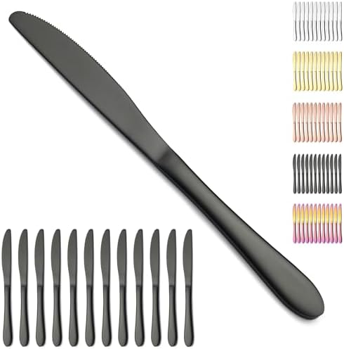 Berglander Schwarzes Tafelmesser-Set von 12-teilig, Titan schwarz beschichtet Edelstahl Buttermesser Speisemesser für Zuhause, Restaurant, Hotel, spülmaschinenfest