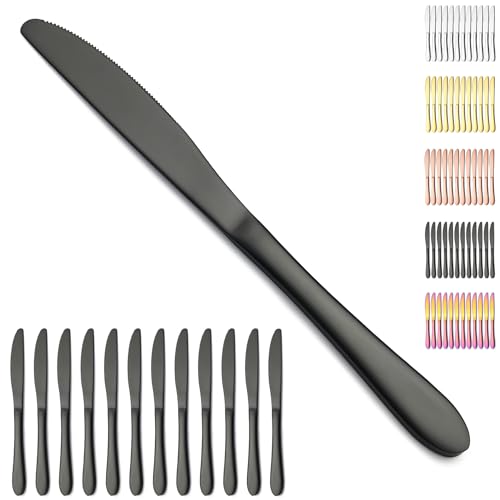 Berglander coltelli da tavola neri da 12 pezzi, coltelli da burro in acciaio inossidabile con placcatura nera in titanio Coltello da cena per casa, ristorante, hotel, lavabile in lavastoviglie