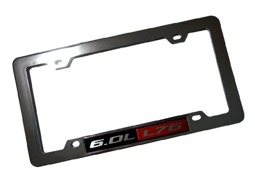ERPART Highly Polished Chrome Plated Silver License Plate Frame with 6.0L L76 RED Black Engine Emblem Badge Nameplate Aluminum