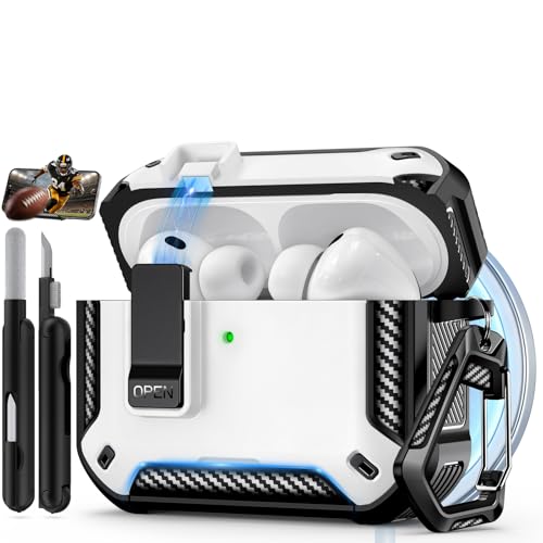 Image of for AirPods Pro 3 Case with Lock & Phone Stand(White) | Automatic Snap Switch Lock,Carbon Fiber Texture Design Cover with Cleaner Kit,Compatible with MagSafe