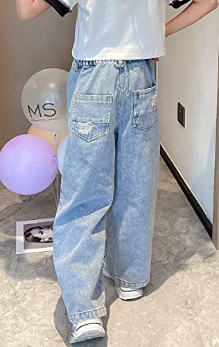 Kids Girls' Casual Wide Leg Baggy Ripped Jeans Cool Loose Fit Distressed Denim Pants Size 5-14 Years(Blue1,10-11 Years) #TOP2
