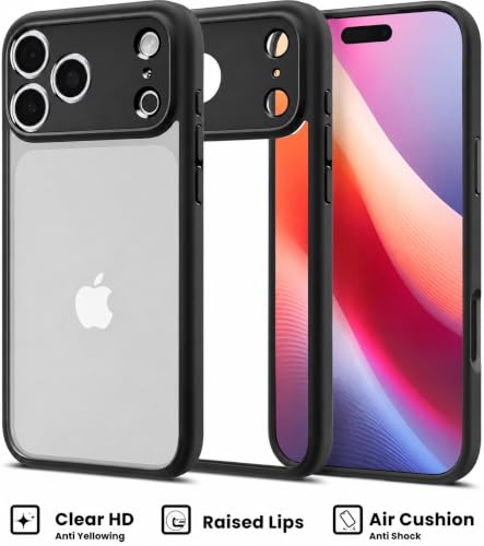 Image of VONZEE Clear Transparent Back Cover Case for iPhone 17 Pro with Camera Protection Anti Yellow Slim Fit Anti-Fingerprint & Lightweight Protective Cover-Black