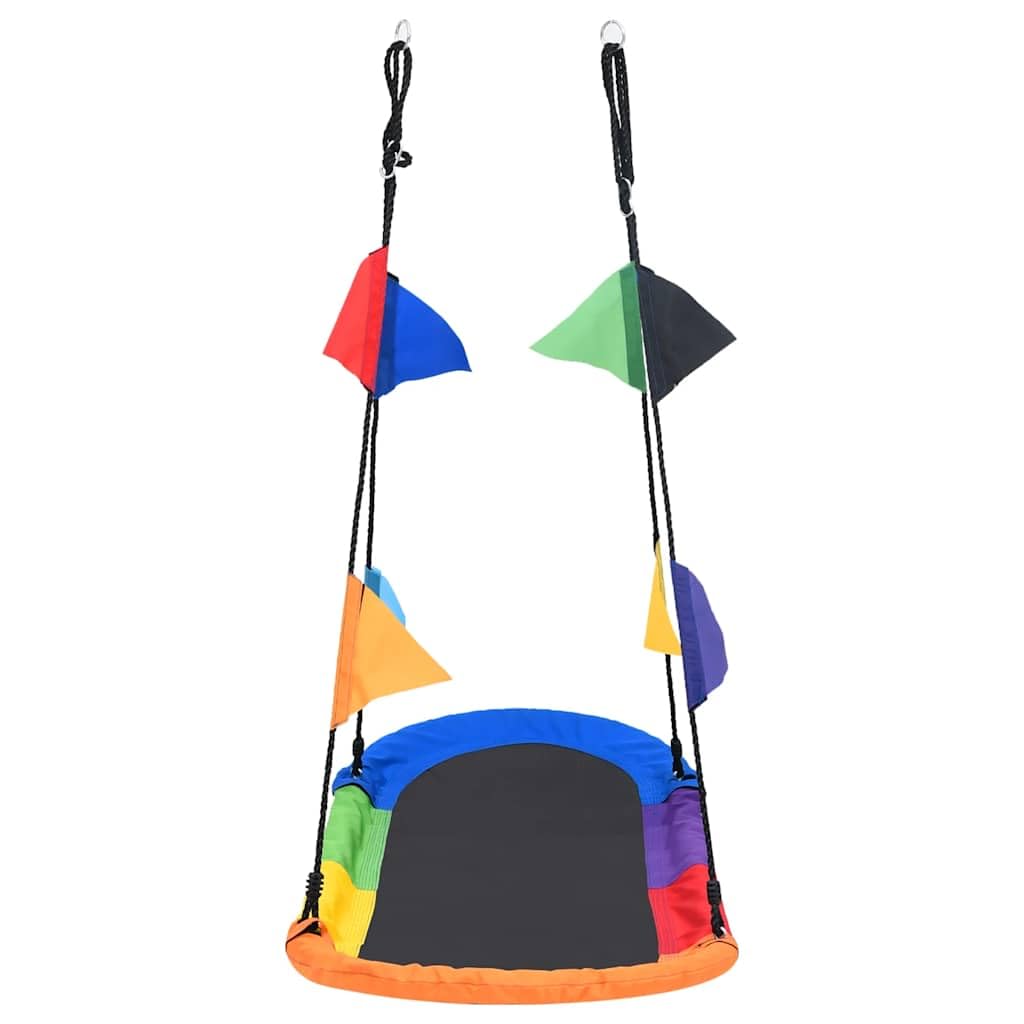 Columpio nido con banderas, 165 x 70 cm, marco de acero resistente a la intemperie, cuerda ajustable, asiento de columpio colorido de polipropileno, para jardín, exterior, niños, parque