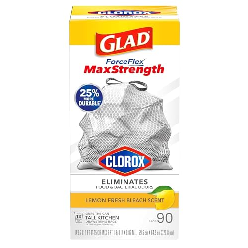 Glad ForceFlex MaxStrength Kitchen Drawstring Bags with Lemon Fresh Bleach Scent 13 Gal 90 Bags