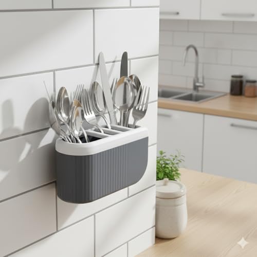 Image of ABS Plastic Multi Section Wall Mounted Self Draining Kitchen Organizer - Spoon,Knife,Fork,Chopstick, Cutlery Holder, Spoon Holder for Kitchen,Dining Table (4 Sections)