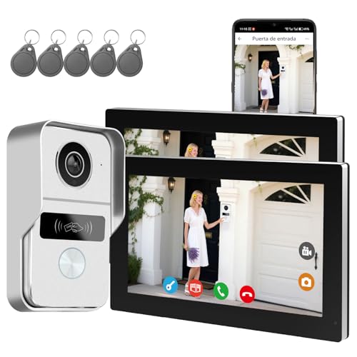 Videoportero Smartphone 2 Hilos, Timbre Video Mirilla y 7'' Pantalla Táctil, Visión Nocturna, Desbloqueo Remoto, Audio Bidireccionall para Chalet,casa, Oficina con 1 cámara y 2 monitores