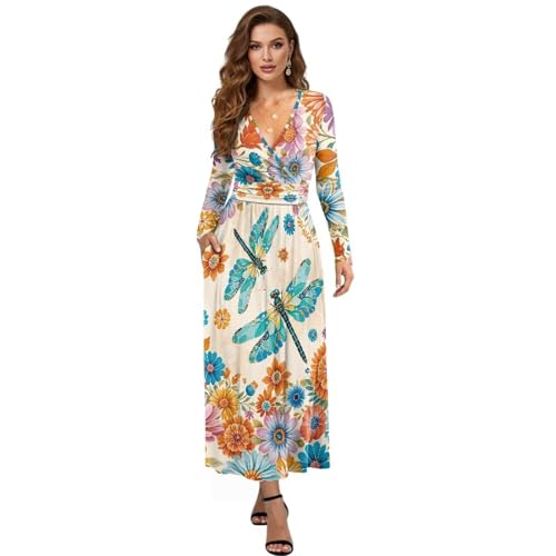 ZIATUBLES Damen Herbstkleid, langärmelig, Maxikleid für Hochzeit, Party, V-Ausschnitt, weich, Freizeitkleider mit Tasche, S-3XL, Böhmische...
