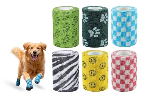 Image of Dog Bandage Cohesive Wrap for Paw & Leg | 7.5cm x 4.5m - Pack of 6 | Easy Tear, Fur Safe | Self Adhesive Elastic Vet Tape for Walking Protection, Wound Care & Licking Prevention Bandage Roll